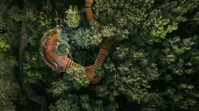 Aerial view of a circular geothermal pool nestled within dense native bushland at Peninsula Hot Springs, connected by timber boardwalks.          Ask ChatGPT