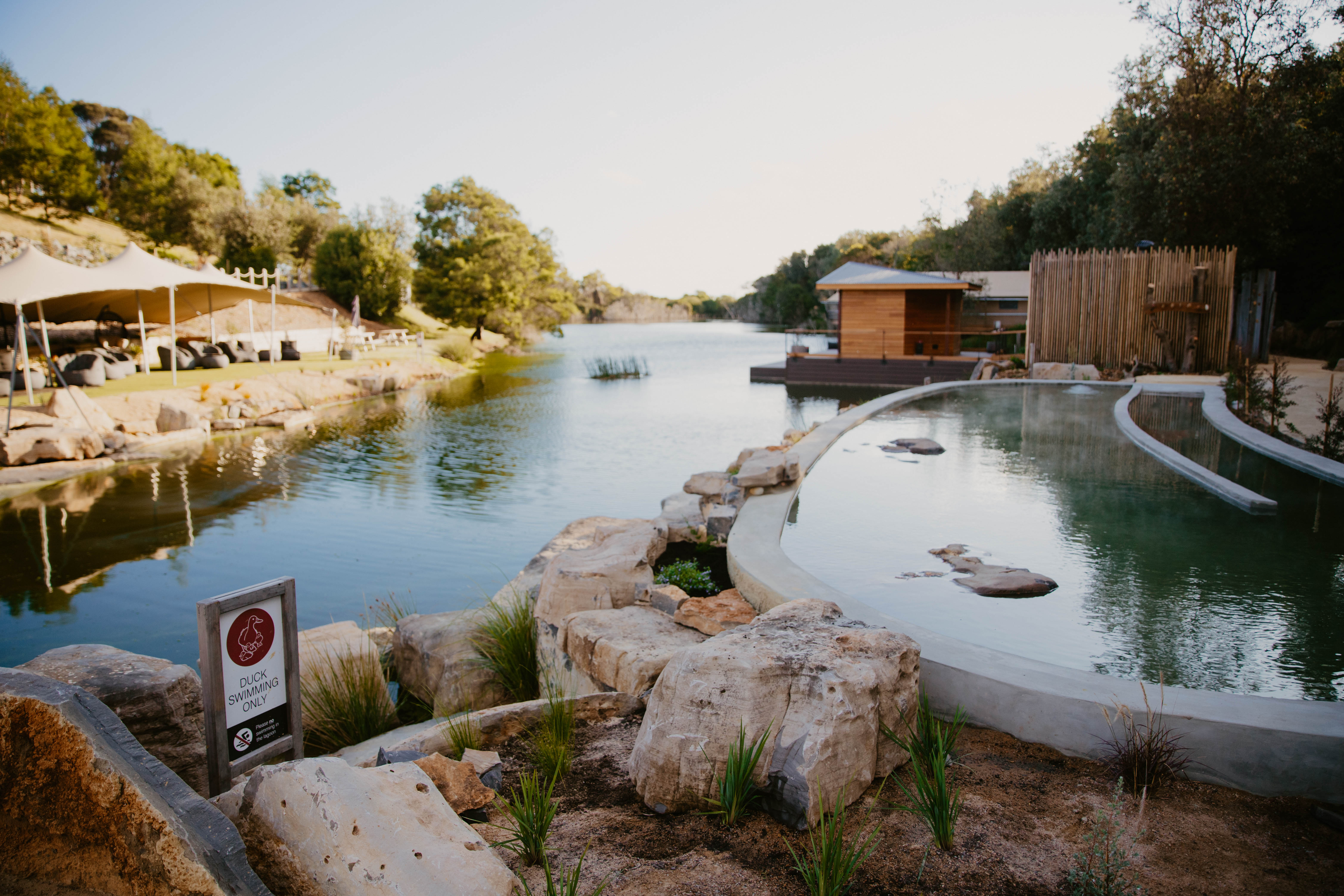 A wide shot of the Lagoon Precinct at Metung Hot Springs