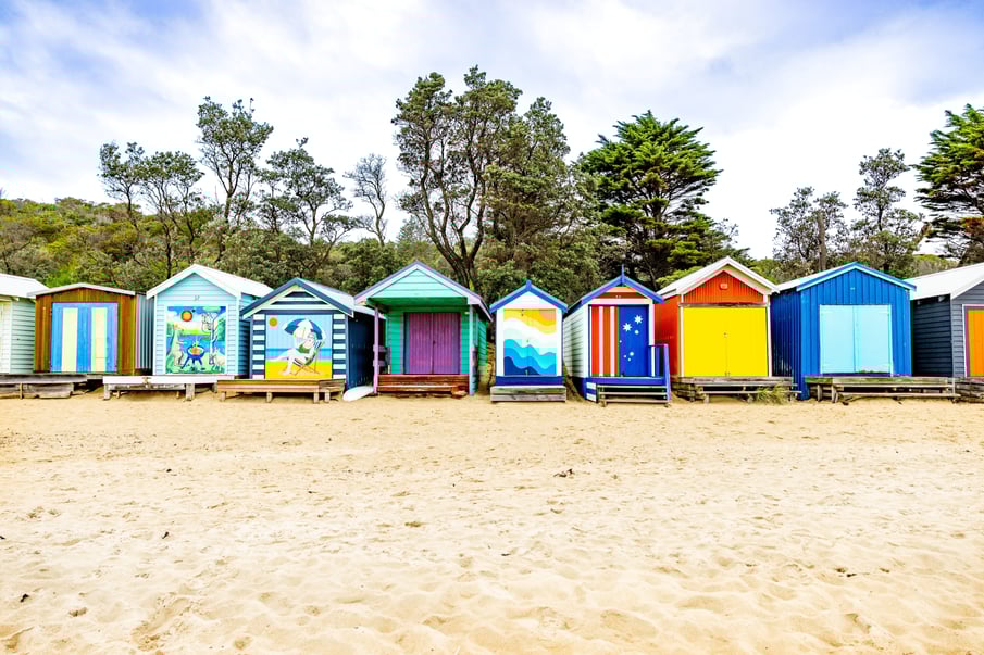 A row of bathing boxes on the Mornington Peninsula