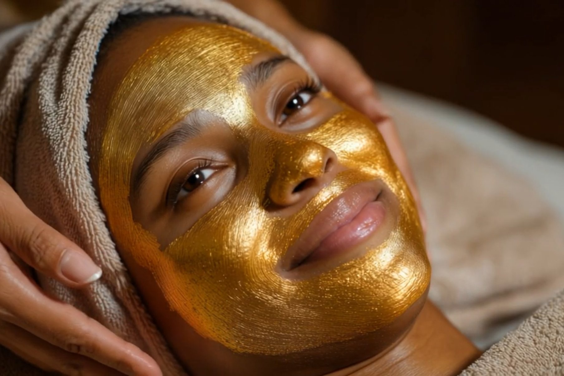 A woman with a gold face mask on