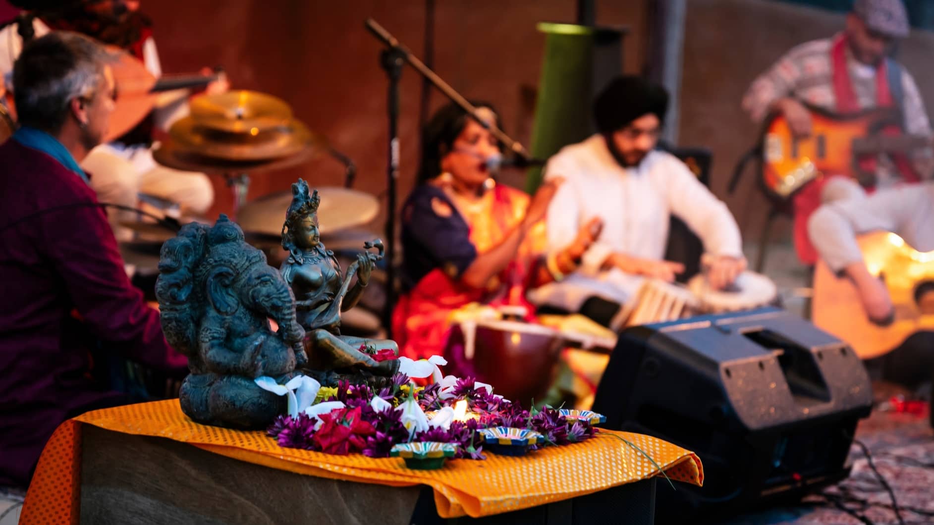 A group of musicians on stage for the Diwali event