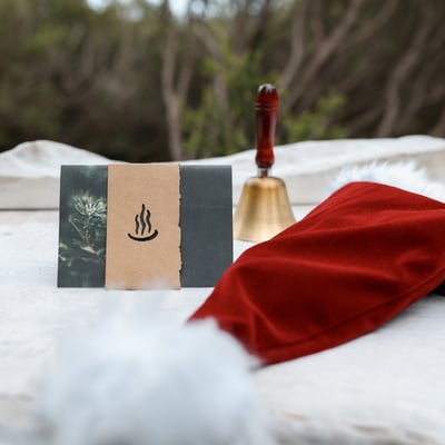 A physical gift certificate sitting alongside Santa's hat