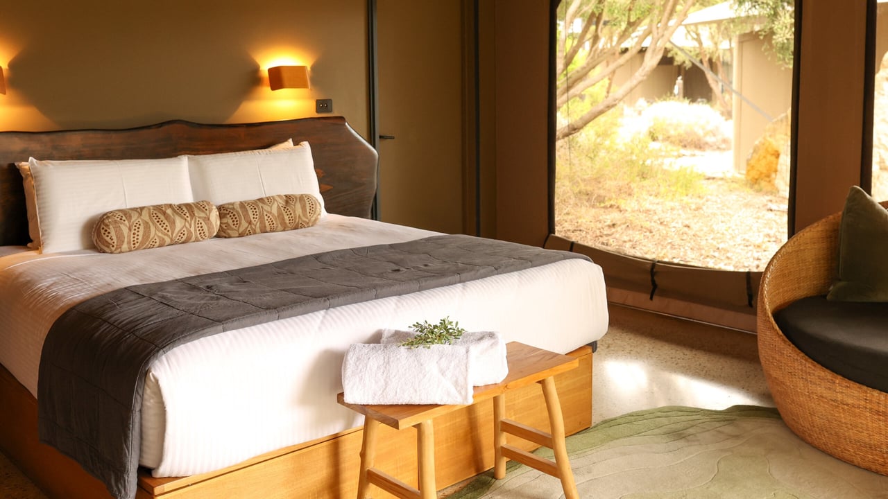 The inside of a Glamping tent room