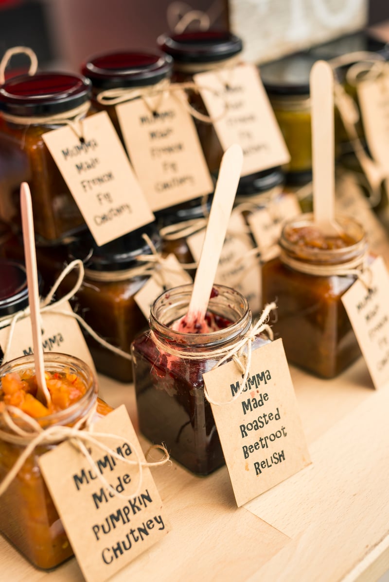A lineup of jams and chutneys