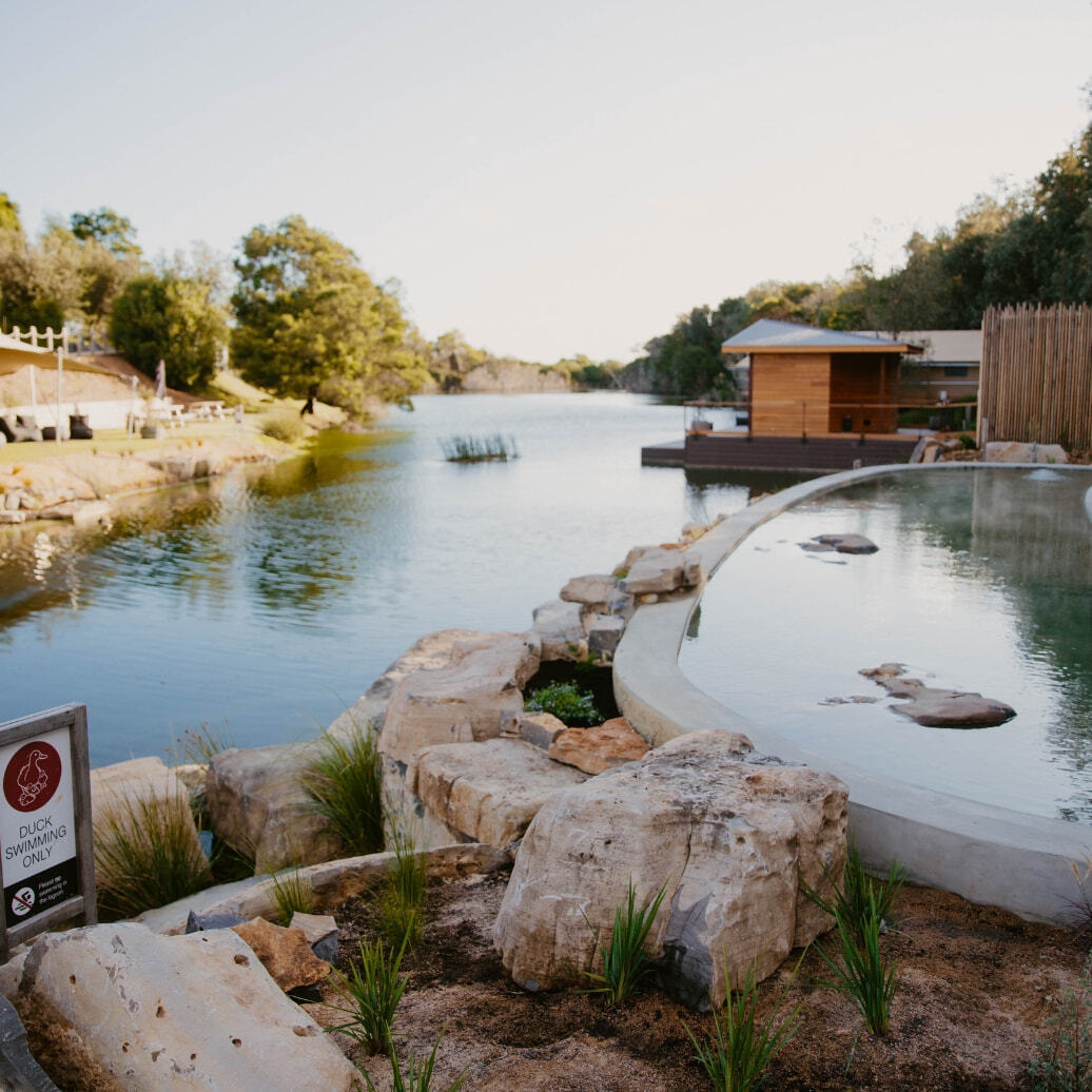 A wide shot of the Lagoon Precinct at Metung Hot Springs