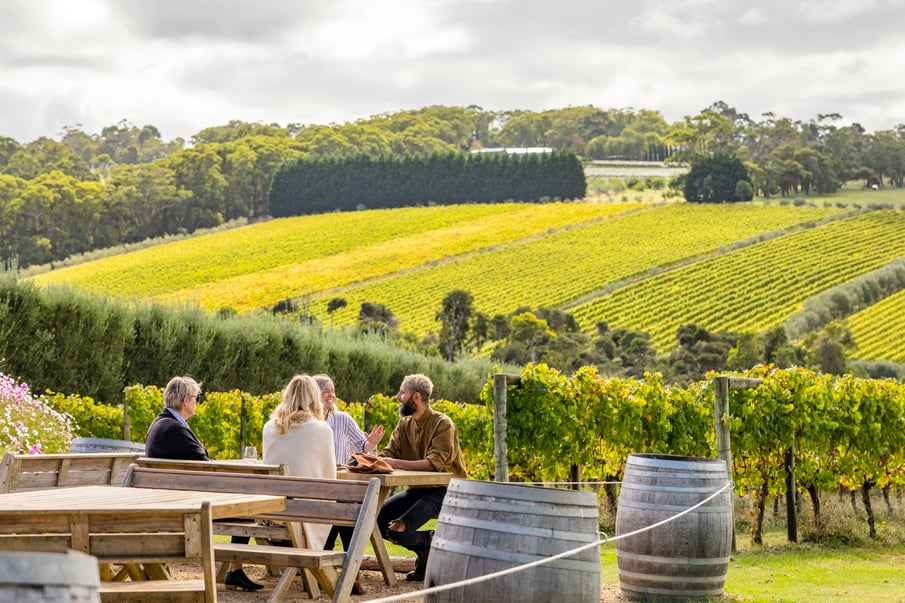 People eating at Montalto winery with vineyards in the back