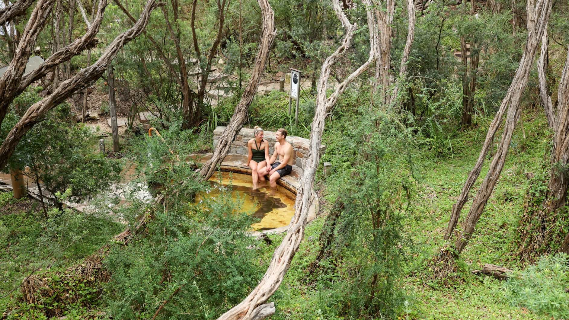 Two people bathing between the trees in the Spa Dreaming Centre