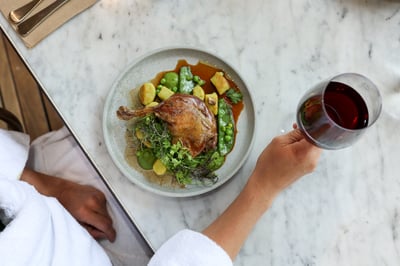 A plate of seasonal food and a glass of red wine